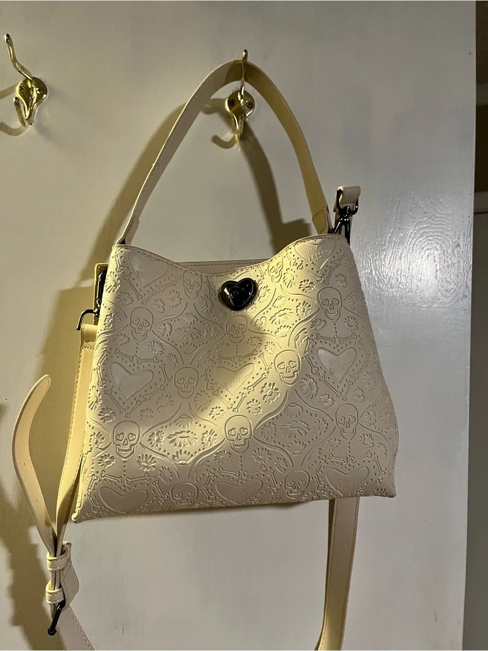 Betsey Johnson Cream Embossed Crossbody with Black Heart Accent